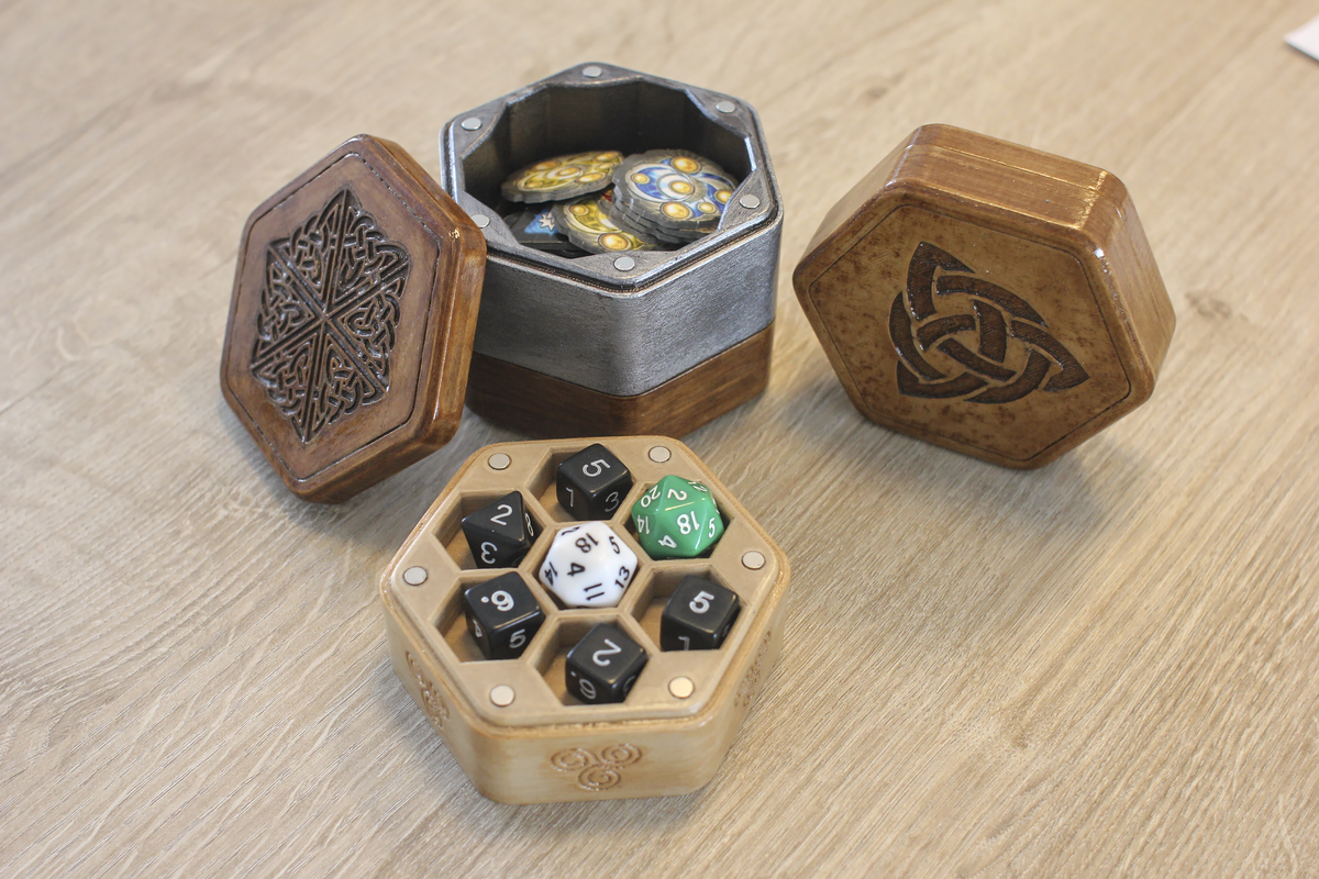 Token and Dice boxes, 3D printed, painted and sealed with clear coat