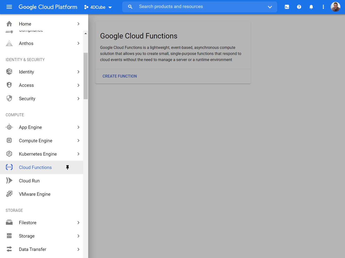 Google Cloud interface, find Cloud Functions in the menu and create a new function to get started