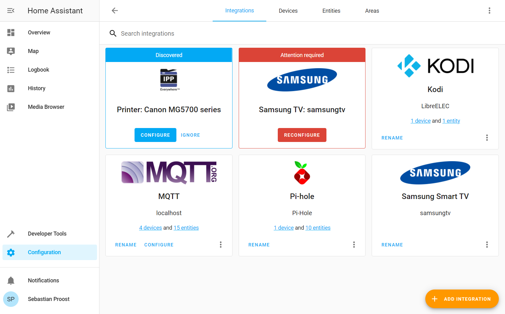 Integrations page shows that there are now 4 MQTT devices available, two from the previous post and two new ones