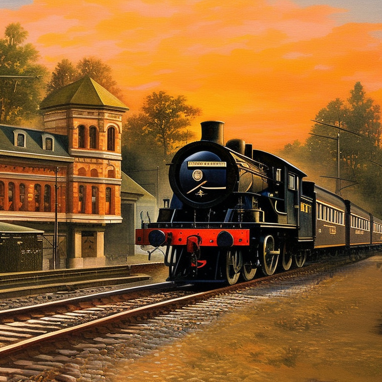 AI generated image of a steam engine leave the trainstation at sunset version 3-2 in-painted the extra rail