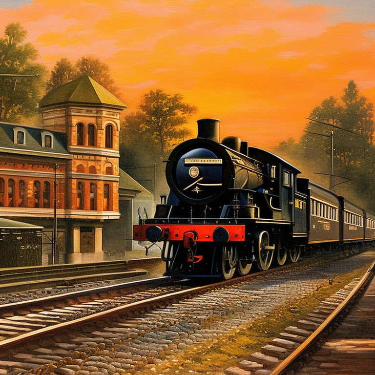 AI generated image of a steam engine leave the trainstation at sunset version 3 in-painted the extra rail