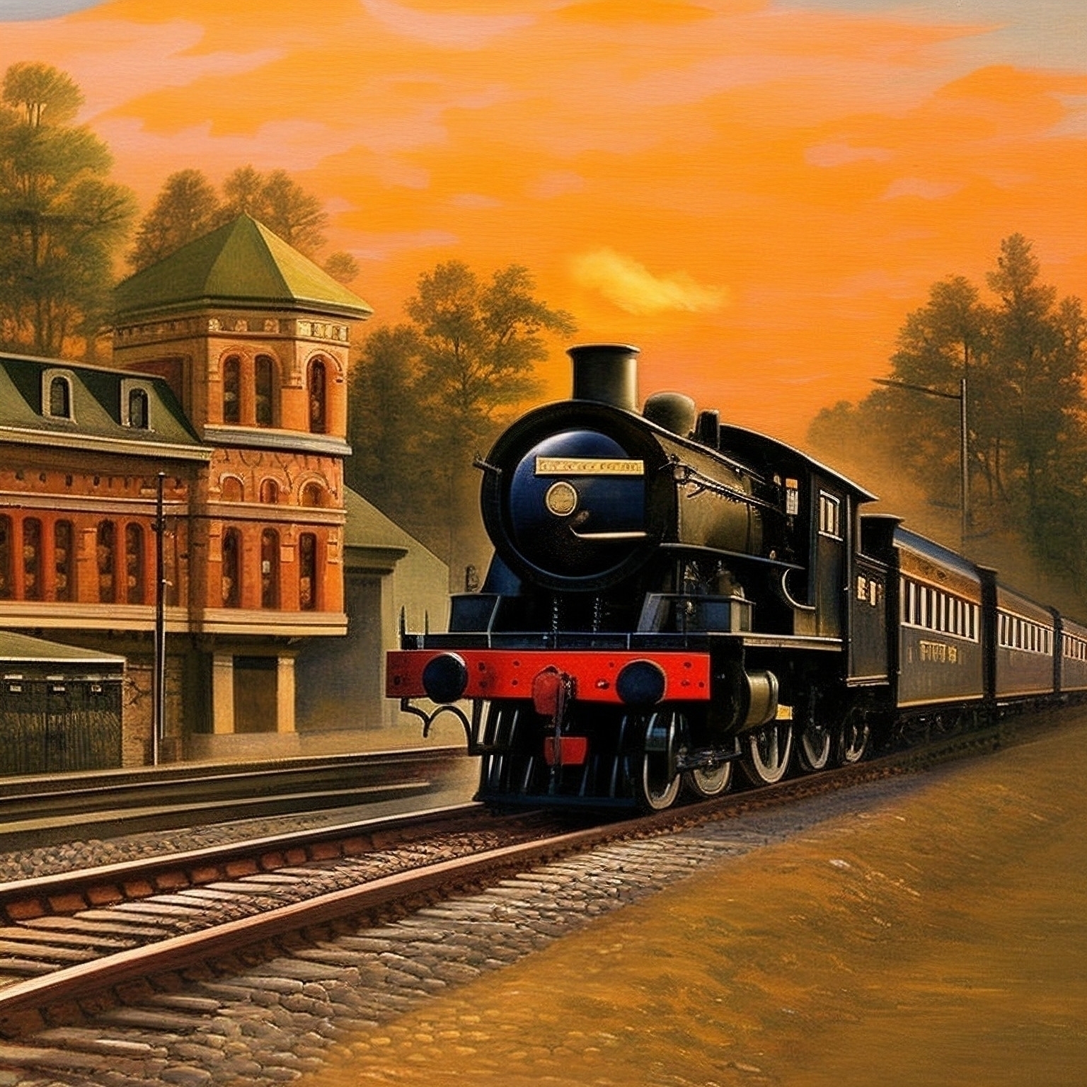 Up-scaled version of a steam engine leaving the trainstation at sunset with last manual touches