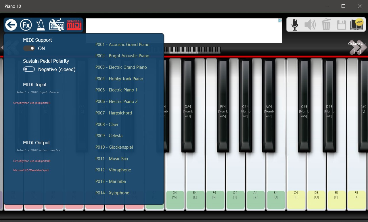 Piano10 MIDI settings, select the Pico as the input device