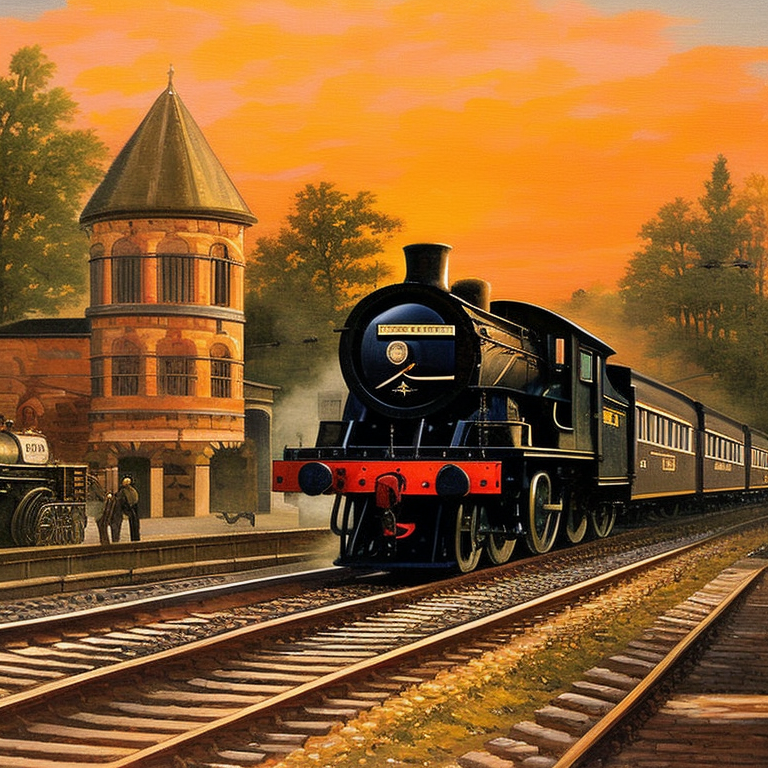 AI generated image of a steam engine leave the trainstation at sunset
