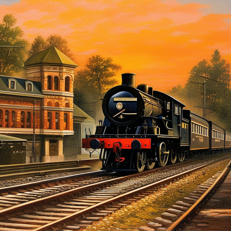 AI generated image of a steam engine leave the trainstation at sunset version 2 after generating variations