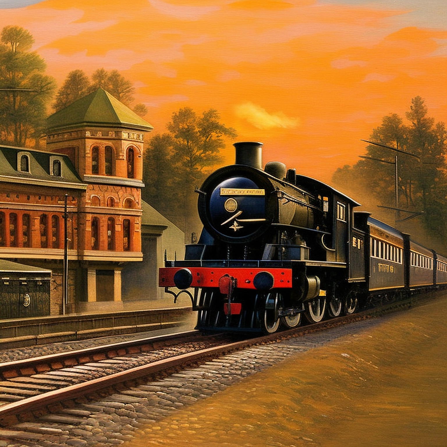 Final up-scaled image of a steam engine leaving the trainstation at sunset