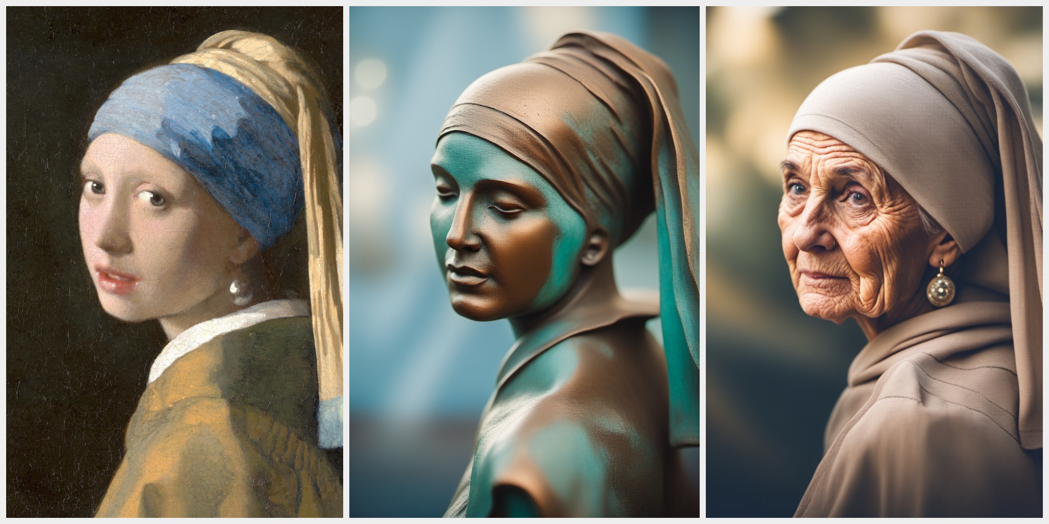 The Girl with the Pearl Earring, the original an depicted as a bronze statue and a photorealistic old woman